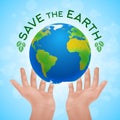 Eco poster of two human hands holding planet Earth. Royalty Free Stock Photo