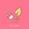 Eco power icon in comic style. Green energy cartoon vector illustration on isolated background. Nature cable splash effect Royalty Free Stock Photo