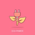 Eco power icon in comic style. Green energy cartoon vector illustration on isolated background. Nature cable splash effect Royalty Free Stock Photo
