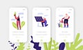 Eco Power of Sun, Green Energy Mobile App Page Onboard Screen Set. Man Set Up Solar Panel, Women Growing Plants Royalty Free Stock Photo