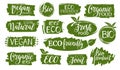 Eco product, organic, natural, bio food green icons. Green labels collection for food market, organic productions promotion Royalty Free Stock Photo