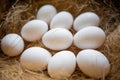 Eco-product. A wooden box of hay containing a ten white eggs. View from the top. Close up. Concept of natural and farm food