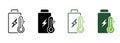 Eco Renewable Battery Cold or Warm Temperature Line and Silhouette Icon Set. Accumulator with Thermometer Pictogram