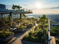 Eco rooftop garden on futuristic office building