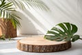 Eco Rustic Pine Tree Wood Disc Platform with Tropical Leaf Royalty Free Stock Photo