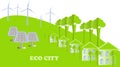 Eco series. Eco city background. White buildings, green tree, hills, windmills, solar panels on white, vector Royalty Free Stock Photo