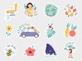 Eco set of colorful stickers. Green energy, plant trees, wildlife protection, sustainable living concept