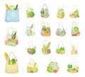 Eco Shopping with Net and Reusable Textile Bag Full of Grocery Products Big Vector Set