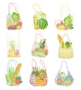 Eco Shopping with Net and Reusable Textile Bag Full of Grocery Products Vector Set