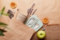 Eco shopping paper mock up bag with cutlery, apples, lavender on crumpled paper. Sustainable lifestyle. Natural eco