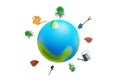 Eco social activism. Care for the planet. Earth day with trees, plants and gardening tools. 3d rendering