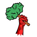 Socialist red raised fist is holding green tree and plant