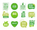 Eco sticker. Vegetarian natural healthy food labels tags for market packages fresh ecology mark products vector badges