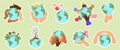 Eco stickers. People hold earth, nature climate change and ecology problen on planet badges. Protect environment