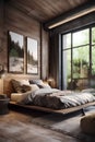 Eco style bedroom interior with bed in modern house Royalty Free Stock Photo