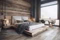 Eco style bedroom interior with bed in modern house Royalty Free Stock Photo