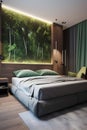 Eco style bedroom interior with bed in modern house Royalty Free Stock Photo