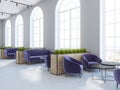 Eco style cafe corner, purple armchairs