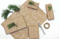 Eco style gift wrapping. Kraft paper with a picture of a deer painted white liner