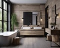 Eco style interior of a beautiful bathroom. White bathtub at the big panoramic window. Generative AI