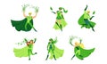 Eco Superhero Character Wearing Green Waving Cloak and Mask Vector Set