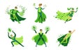 Eco Superhero Character Wearing Green Waving Cloak and Mask Vector Set