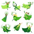 ECO superhero characters in action set, young men and women in green capes vector Illustrations Royalty Free Stock Photo