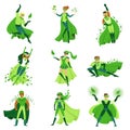 ECO superhero characters set, young men and women in different poses with green capes vector Illustrations Royalty Free Stock Photo