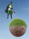 Eco superhero watering dried planet