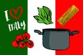 Side view of cartoon pasta ingredients on background of Italian flag colors. Royalty Free Stock Photo