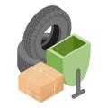 Eco technology icon isometric vector. Car tire and parcel box near street urn