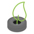 Eco technology icon isometric vector. Old worn car tire and green leaf inside