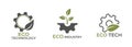 Eco technology logo set. gear and leaf icon. eco friendly and industry symbols