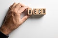 ` eco ` text made of wooden cube on  White background with man hand Royalty Free Stock Photo