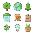 Eco things patches, badges, stickers, logos. Set of cute funny cartoon characters icons in asian japanese kawaii style. Vector Royalty Free Stock Photo