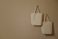 Eco tote bags hanging on color wall.