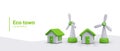 Eco town concept. Vector composition in cartoon style. Houses with green roofs, wind turbines Royalty Free Stock Photo