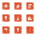 Eco town icons set, grunge style