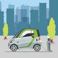 Eco transport e-car ecological electromobile in city web vector template. Electric auto with battery powered e-car on