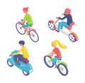 Eco Transport People on Scooters and Bicycles Set