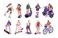 Eco transport types set. People driving modern urban vehicles, bicycle, skateboard, electric scooter, e-board, bike Royalty Free Stock Photo