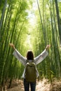 asian woman walking at Bamboo Forest. AI Generated