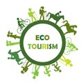 Eco turism concept with round frame and stylized tourists