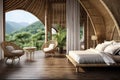 Eco villa or eco-lodge hotel interior bed, wicker armchair, window and view on green mountains. Generative AI