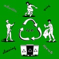 Eco volunteers outdoors. People with rakes and bags collecting plastic garbage flat vector concept banner in green backgrond.