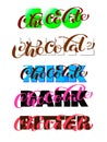 Eco, white, milk, dark, bitter, chocolate brush lettering. Overlapping Text Layout. Vector illustration for banner