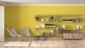 Eco white and yellow interior design with wooden bookshelf, diy