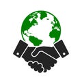 Eco World deal. Global agreement, trust logo symbol. Handshake Earth Globe business icon - vector Royalty Free Stock Photo