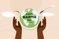 Human hands holding Earth globe. Earth Day, World Environment concept. Sustainable conservation concept design. Vector illustratio Royalty Free Stock Photo