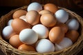 Ecoconscious groceries a wooden nest piled high with fresh eggs